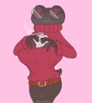  2023 amphibian anthro belt beverage big_breasts black_body bottomwear breasts clothed clothing coffee coffee_mug digital_media_(artwork) eyelashes eyewear female frog glasses hi_res huge_breasts liarborn looking_at_viewer panna_(liarborn) red_clothing red_eyes round_glasses short_tail shorts simple_background solo sweater tail topwear turtleneck 