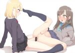  2boys anal arm_support bar_censor black_skirt black_socks blonde_hair blonde_haired_crossdresser_(hokuro_ryuuseigun) blue_neckerchief blue_skirt blush brown_hair brown_haired_crossdresser_(hokuro_ryuuseigun) censored closed_mouth clothed_sex crossdressing erection green_eyes heart hokuro_ryuuseigun josou_seme kneehighs long_hair long_sleeves lying male_focus multiple_boys neckerchief no_shoes on_back open_mouth original otoko_no_ko penis perineum sailor_collar saliva school_uniform sex sitting skirt socks testicles textless_version tongue tongue_out yaoi yellow_eyes 