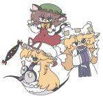  3girls animal_ear_piercing animal_ears blonde_hair brown_hair cat_ears cat_tail chen chibi earrings folding_fan fox_tail gap_(touhou) green_headwear hand_fan hat hat_ribbon holding holding_fan jewelry kitsune kuuinusuki long_hair mob_cap multiple_girls multiple_tails nekomata purple_tabard ribbon short_hair single_earring tabard tail touhou two_tails white_headwear yakumo_ran yakumo_yukari 