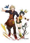  1boy 1girl absurdres apron bird blonde_hair couple glasses happy highres holding_hands hunter_(the_owl_house) knee_pads kradebii pointy_ears scar scar_on_face short_hair short_shorts shorts sleeveless smile spiked_kneepads spoilers the_owl_house tooth_gap willow_park 