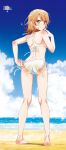  1girl adjusting_clothes adjusting_swimsuit ass back bare_legs bare_shoulders barefoot beach bikini blonde_hair blush breasts closed_mouth copyright_name day feet finger_to_mouth from_behind halterneck highres horizon isshiki_iroha looking_back medium_hair ocean official_art sand_on_skin side-tie_bikini_bottom sky small_breasts solo string_bikini swimsuit thighs white_bikini yahari_ore_no_seishun_lovecome_wa_machigatteiru. yellow_eyes 