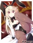  1girl ahoge akaneya animal_ears artist_name black_footwear black_leotard black_pantyhose blonde_hair bow bowtie breasts cleavage commission elf fake_animal_ears foreshortening jacket knee_up large_breasts legs leotard long_hair looking_at_viewer open_clothes open_jacket original pantyhose playboy_bunny pointy_ears rabbit_ears red_eyes shoes sitting skeb_commission smile solo strapless strapless_leotard thighs watermark white_jacket 