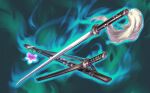  cherry_blossoms fire floral_print flower glowing green_background katana no_humans object_focus official_art petal_print pink_flower scabbard sheath sword third-party_source touhou touhou_cannonball wakizashi weapon yuccoshi 