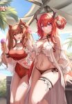  2girls :d absurdres angelina_(arknights) angelina_(summer_flower)_(arknights) animal_ears arknights bare_shoulders bikini black_bikini black_choker blush breasts brown_hair choker cleavage covered_navel daisy_cutter detached_sleeves hair_ornament highres holding_ice_cream_cone horns jewelry large_breasts long_hair long_sleeves multiple_girls navel necklace official_alternate_costume one-piece_swimsuit open_mouth orange_eyes outdoors parted_lips purple_eyes red_hair red_one-piece_swimsuit revision side-tie_bikini_bottom smile star_(symbol) star_hair_ornament surtr_(arknights) surtr_(colorful_wonderland)_(arknights) swimsuit thigh_strap thighs twintails 