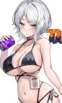  1girl absurdres bare_arms bare_shoulders beer_can bikini black_bikini black_choker blue_eyes breasts can choker cleavage collarbone faust_(project_moon) halterneck highleg highleg_bikini highres holding holding_can id_card kuroshiro_kanae large_breasts limbus_company looking_at_viewer multi-strapped_bikini_bottom multi-strapped_bikini_top navel opened_can_of_wellcheers parted_lips project_moon short_hair side-tie_bikini_bottom simple_background solo stomach strap_gap string_bikini swimsuit upper_body white_background white_hair 