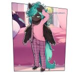  1:1 2023 anthro clothed clothing dialogue digital_media_(artwork) english_text equid equine feet fingers front_view green_eyes hair hi_res inside looking_at_viewer mammal pegasus pillow sicmop solo text toes wings young 
