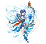  1girl aiming arrow_(projectile) attack bare_shoulders blue_eyes blue_hair bow_(weapon) catria_(fire_emblem) catria_(winds_offered)_(fire_emblem) fire_emblem fire_emblem:_mystery_of_the_emblem fire_emblem_heroes headband holding holding_arrow japanese_clothes non-web_source official_alternate_costume official_art open_mouth pelvic_curtain rope sandals shimenawa short_hair sleeves_past_wrists solo v-shaped_eyebrows weapon white_background 