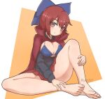  1girl barefoot bikini black_shirt blue_bikini blue_bow bow breasts cleavage cloak closed_mouth commentary full_body hair_bow knee_up large_breasts long_sleeves looking_at_viewer orange_background red_eyes red_hair red_skirt sekibanki shirt sitting skirt solo swimsuit touhou twitter_username yuzu5p4 