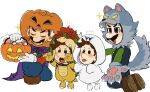  4boys animal_costume baby_luigi baby_mario basket big_nose blue_eyes blue_overalls boo_(mario) boo_(mario)_(cosplay) bowser bowser_(cosplay) brown_footwear brown_hair candy cape child claw_pose closed_eyes commentary cosplay facial_hair fangs food gloves green_shirt halloween highres jack-o&#039;-lantern_head kneeling lollipop luigi mario mario_(series) mimimi_(mimimim9999) multiple_boys mustache open_mouth overalls purple_cape red_shirt shirt shoes simple_background symbol-only_commentary tail teeth toddler tongue tongue_out upper_teeth_only white_background white_gloves wolf_costume wolf_paws wolf_tail 