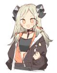  1girl :d arknights black_shirt blonde_hair blush braid bright_pupils brown_jacket clenched_hand cropped_shirt demon_girl demon_horns horns ifrit_(arknights) jacket long_hair long_sleeves looking_at_viewer official_alternate_costume open_clothes open_jacket open_mouth orange_eyes ramune_(ramu33) shirt sketch slit_pupils smile solo upper_body white_pupils 