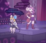  2023 animal_crossing anthro artist_name blonde_hair clothed clothing controller crossover dialogue digital_media_(artwork) duo english_text eyewear female glasses hair hi_res inner_ear_fluff inside keffotin mammal microphone midriff mouse murid murine nintendo open_mouth petri_(animal_crossing) pomme_(rivals_of_aether) purple_hair remote_control rivals_of_aether rodent screwdriver short_hair sitting speech_bubble stage tail text tools tuft 