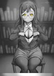  1girl artist_name blurry blurry_background blush book bookshelf bra_slip breasts cardigan chair cleavage dated dress_shirt glasses greyscale happy_birthday highres kunikida_hanamaru large_breasts long_hair looking_at_viewer love_live! love_live!_sunshine!! monochrome pants pantyhose parted_lips partially_unbuttoned round_eyewear shirt shorts sitting solo spot_color unbuttoned unbuttoned_shirt unbuttoning unsfrau yellow_eyes 