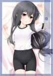  1girl alternate_costume artist_name bike_shorts black_hair black_shorts character_name chestnut_mouth commentary_request cowboy_shot facing_viewer flat_chest gym_shirt gym_uniform hatsushimo_(kancolle) highres inaba_shiki kantai_collection long_hair low-tied_long_hair lying red_eyes shirt shorts solo t-shirt white_shirt 