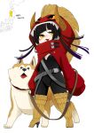  1girl :3 absurdres akita_inu akita_prefecture animal black_hair bodysuit dog high_heels highres hood horned_hood horns japan leash nobel_(nobel827) original personification white_background yellow_eyes 