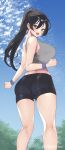  1girl ass bike_shorts black_hair black_shorts blush breasts crop_top feet_out_of_frame grey_tank_top highres kneepits large_breasts looking_at_viewer looking_back murata_tefu original outdoors ponytail shorts smile solo sweatdrop tank_top wristband 