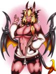  big_breasts blonde_hair blush blush_lines bra breasts choker clothing demon demon_humanoid eyelashes female gesture hair hand_in_pocket hi_res hoodie horn horned_humanoid huge_breasts humanoid humanoid_pointy_ears jewelry looking_at_viewer markings membrane_(anatomy) membranous_wings monster_girl_(genre) monster_girl_encyclopedia navel necklace open_mouth orange_eyes pink_background pink_horn pockets pyrow_(mge) red_bra red_clothing red_underwear simple_background solo tail tailed_humanoid thick_thighs topwear ume_yukari_(artist) underwear white_background white_clothing white_hoodie white_topwear wide_hips winged_humanoid wings 