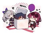  1boy 2girls balloon blade_(honkai:_star_rail) blue_hair box chibi closed_eyes closed_mouth eyewear_on_head grey_eyes grey_hair high_ponytail honkai:_star_rail honkai_(series) in_box in_container jitome kafka_(honkai:_star_rail) multiple_girls pince-nez pink_hair red_eyes shigetake_(buroira) silver_wolf_(honkai:_star_rail) smile 