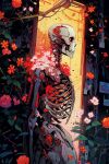  absurdres black_sclera colored_sclera doorway english_commentary exposed_brain flower flower_on_shoulder from_side highres indoors kenva leaf mechanical_arms no_humans original poster_(object) red_eyes red_flower red_rose rose shadow skeleton solo teeth white_flower 