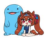  1girl animal_ears barefoot blush breasts brown_hair chan_co chibi crossover daiwa_scarlet_(umamusume) fang hair_intakes horse_ears horse_girl horse_tail large_breasts long_hair looking_at_viewer one-piece_swimsuit open_mouth pokemon pokemon_(creature) quagsire red_eyes sitting swimsuit tail tiara twintails umamusume very_long_hair white_background 