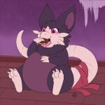  1:1 2016 3_fingers 3_toes alolan_form alolan_raticate ambiguous_gender belly big_belly biped blush claws countershade_fur countershade_torso countershading dark_body dark_fur dessert digital_media_(artwork) doughnut eating eating_food fangs feet female_(lore) feral fingers flat_colors floor food front_view fur gloves_(marking) hand_on_stomach hi_res inside leg_markings long_tail markings nintendo nude open_mouth overweight overweight_ambiguous overweight_feral pink_eyes pink_feet pink_hands pink_tail pokemon pokemon_(species) purple_body purple_countershading purple_inner_ear rat_tail regional_form_(pokemon) ruff shikaro signature sitting socks_(marking) solo tail tail_wraps teeth toe_claws toes tongue tongue_out wood wood_floor wraps 