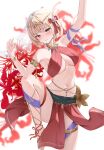  1girl absurdres arm_ribbon arm_up armlet bare_shoulders belly_chain blonde_hair blush bow breasts commentary_request crop_top dancer hair_bow hand_up harem_outfit highres jewelry knee_up large_breasts loincloth looking_at_viewer lycoris_recoil midriff navel nishikigi_chisato orange_eyes pharmarr purple_ribbon red_bow ribbon short_hair smile solo standing standing_on_one_leg stomach thigh_strap thighs white_background 