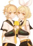  1boy 1girl absurdres aether_(genshin_impact) blonde_hair brother_and_sister closed_mouth cosplay crop_top hairband headphones highres kagamine_len kagamine_len_(cosplay) kagamine_rin kagamine_rin_(cosplay) kumo955 lumine_(genshin_impact) midriff navel neckerchief necktie orange_eyes shirt siblings smile stomach vocaloid white_hairband white_shirt yellow_necktie 