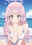  1girl angel_wings bare_arms bare_legs bare_shoulders beach blue_archive blush breasts closed_mouth cowboy_shot day halo leaning_forward long_hair looking_at_viewer medium_breasts mika_(blue_archive) ocean one-piece_swimsuit outdoors pink_hair pink_halo saionji_mayoi solo swimsuit white_one-piece_swimsuit white_wings wings yellow_eyes 