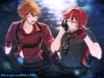  2boys black_gloves black_necktie black_shirt blue_eyes diluc_(genshin_impact) genshin_impact gloves hiki_yuichi jewelry long_hair male_focus midriff multicolored_hair multiple_boys necktie one_eye_closed open_mouth orange_hair red_eyes red_gloves red_hair red_shirt shirt short_hair tartaglia_(genshin_impact) water wet 