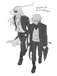  2boys asaya_minoru bangs boots character_request cigarette closed_mouth coat collared_shirt cross-laced_footwear dress_shirt english_text fate/grand_order fate_(series) greyscale hand_in_pocket jacket lace-up_boots long_hair long_sleeves male_focus monochrome mouth_hold multiple_boys open_clothes open_coat open_jacket pants parted_bangs shirt simple_background smoke smoking sunglasses tezcatlipoca_(fate) torn_jacket twitter_username white_background 