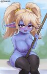  absurd_res areola big_breasts blonde_hair blue_body blush breasts clothing female hair hi_res humanoid humanoid_pointy_ears league_of_legends legwear masturbation nipples pigtails poppy_(lol) purple_areola purple_nipples riot_games short_stack sitting solo soveno thick_thighs thigh_highs wide_hips yordle 