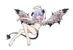  1girl :d barefoot black_souls black_tail blue_hair bra demon_tail demon_wings fake_halo fang frilled_bra frills gradient_hair halo head_wings heart heart-shaped_pupils highres lingeriena_(black_souls) looking_at_viewer multicolored_hair one_eye_closed pink_hair rabbit_king simple_background skin_fang smile solo symbol-shaped_pupils tail underwear white_background white_bra wings 