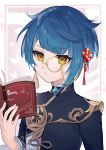  1boy amatya blue_hair book closed_mouth genshin_impact holding holding_book long_sleeves monocle open_book reading shirt short_hair solo upper_body xingqiu_(genshin_impact) yellow_eyes 