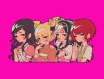  4girls :d apron arm_up artist_name bandaged_arm bandages black_hair black_scrunchie blonde_hair blue_hair bow criis-chan cropped_torso danganronpa_(series) danganronpa_2:_goodbye_despair dress green_bow green_dress green_eyes grin hair_bow hair_horns hand_on_another&#039;s_shoulder hands_up japanese_clothes kimono koizumi_mahiru long_hair mioda_ibuki multicolored_hair multiple_girls neckerchief necktie orange_kimono pink_background pink_hair pink_neckerchief pink_shirt plaid_necktie red_hair saionji_hiyoko scrunchie shirt short_hair short_sleeves simple_background smile teeth tsumiki_mikan twitter_username v white_apron white_shirt wrist_scrunchie 