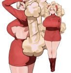  1girl arms_up back_cutout blonde_hair boots bow breasts clothing_cutout colored_eyelashes dress drill_hair expressionless from_behind full_body hair_bow highres huge_breasts jitome looking_back mofu_mofuko_(ryusei_hashida) multiple_views original red_eyes red_sweater ribbed_sweater ryusei_hashida sideboob sideboob_cutout signature simple_background solo sweater sweater_dress twin_drills white_background 