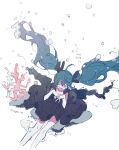  1girl air_bubble bare_arms bare_legs black_dress blush bubble closed_eyes coral crying dress frilled_dress frills hands_on_own_chest hatsune_miku hazime highres interlocked_fingers open_mouth pale_skin shinkai_shoujo_(vocaloid) solo song_name submerged twitter_username vocaloid 