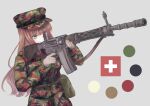  1girl absurdres aiming aqua_eyes barrel_shroud battle_rifle belt belt_pouch bipod blunt_bangs brown_hair camouflage camouflage_jacket camouflage_pants circle color_guide commentary commission cowboy_shot cross english_commentary fatigues finger_on_trigger flip-up_sight girls&#039;_frontline gloves greek_cross green_belt grey_background grey_gloves gun hat highres holding holding_gun holding_weapon jacket long_hair long_sleeves looking_ahead martinreaction military_hat military_jacket military_uniform multicolored_clothes multicolored_headwear multicolored_jacket pants patrol_cap pocket pouch rifle sig-510_(girls&#039;_frontline) sig_510 simple_background sling solo swiss_flag switzerland uniform utility_belt wavy_hair weapon woodland_camouflage 