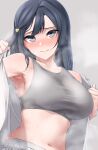  1girl absurdres armpits bare_shoulders black_hair blush breasts closed_mouth collarbone collared_shirt commentary_request grey_background grey_eyes grey_sports_bra hair_ornament hands_up highres large_breasts long_hair looking_at_viewer love_live! love_live!_nijigasaki_high_school_idol_club messy_hair nasuno_(nasuno42) navel nijigasaki_academy_school_uniform nose_blush one_side_up open_clothes open_shirt plaid plaid_skirt school_uniform shirt sideboob simple_background skirt solo sports_bra steaming_body stomach sweat undressing upper_body white_skirt yuuki_setsuna_(love_live!) 
