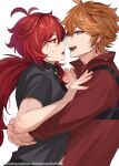  2boys black_shirt blue_eyes diluc_(genshin_impact) earrings genshin_impact hair_between_eyes hiki_yuichi hug jewelry long_hair long_sleeves multiple_boys open_mouth orange_hair red_eyes red_hair red_shirt shirt short_hair tartaglia_(genshin_impact) white_background yaoi 