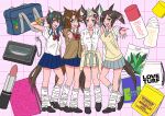  4girls animal_ears aqua_eyes arm_up bag bag_charm black_footwear blue_skirt boogie_february bow breasts brown_cardigan cardigan charm_(object) clothes_around_waist commentary_request daitaku_helios_(umamusume) deodorant ear_covers ear_ornament ear_piercing full_body green_eyes grey_skirt grid_background gyaru hair_between_eyes horse_ears horse_girl horse_tail ines_fujin_(umamusume) kogal lip_balm loafers long_sleeves looking_at_viewer loose_socks medium_breasts medium_hair mejiro_palmer_(umamusume) mejiro_ryan_(umamusume) multicolored_hair multiple_girls open_mouth outstretched_arm pedometer piercing pink_background pleated_skirt purple_eyes red_bow scrunchie shirt shoes short_hair short_sleeves shoulder_bag side_ponytail single_ear_cover skirt sleeves_rolled_up smile socks streaked_hair sweater sweater_around_waist tail tongue tongue_out umamusume v vest white_hair white_shirt wrist_scrunchie 