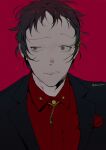  1boy adachi_tooru black_hair black_jacket closed_mouth collared_shirt commentary english_commentary frown grey_eyes jacket kaninn looking_to_the_side male_focus persona persona_4 red_background red_shirt shirt short_hair simple_background solo twitter_username upper_body 