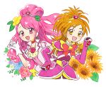  2girls :d bow brooch choker commentary_request cure_bloom cure_grace earrings eyelashes flower futari_wa_precure_splash_star gloves hair_flower hair_ornament half_updo hanadera_nodoka hand_up healin&#039;_good_precure heart heart_brooch heart_hair_ornament hoppetoonaka3 hyuuga_saki jewelry long_hair looking_at_viewer magical_girl multiple_girls open_mouth orange_hair pink_choker pink_eyes pink_hair precure puffy_sleeves ribbon short_sleeves smile white_gloves wide_ponytail yellow_eyes 