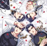  4boys alternate_color black_hair chain closed_eyes coat diamond_wa_kudakenai gakuran jojo_no_kimyou_na_bouken kujo_jotaro lanxjourney long_coat male_focus multiple_boys multiple_persona no_headwear official_alternate_costume one_eye_closed own_hands_clasped own_hands_together petals school_uniform shirt stardust_crusaders stone_ocean vento_aureo vest white_coat 