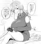  1girl bed_sheet blinds breasts controller crossed_legs curtains dress game_controller greyscale highres huge_breasts kurokawa_otogi looking_at_viewer monochrome original ribbed_dress sidelocks sitting sweater sweater_dress translation_request turtleneck turtleneck_sweater 
