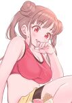  1girl bare_shoulders bike_shorts blush breasts brown_hair collarbone dot_nose double_bun food hair_bun hand_on_own_face hand_up ice_cream idolmaster idolmaster_shiny_colors large_breasts long_hair looking_at_another midriff open_mouth red_eyes red_sports_bra saliva shorts simple_background sitting smile solo sonoda_chiyoko sports_bra sundae sweatdrop tomamatto twintails white_background yellow_shorts 