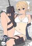  1girl arm_support bikini blonde_hair blue_eyes bow breasts bullpup cleavage commentary_request gun hair_between_eyes hair_bow highres itou_(onsoku_tassha) jacket looking_at_viewer medium_breasts navel original p90 shoes short_hair side-tie_bikini_bottom smile sneakers solo submachine_gun swimsuit tan tanlines weapon white_bikini white_bow 