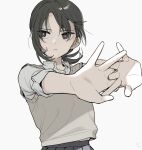  1girl black_hair brown_eyes collared_shirt cracking_knuckles hair_over_one_eye highres medium_hair original parted_bangs pleated_skirt shirt short_ponytail skirt sleeves_rolled_up solo stretching sweater_vest toyosaka upper_body white_background white_shirt 