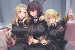  3girls alcohol alternate_costume arm_up artist_name black_bow black_jacket black_necktie black_pants blonde_hair blue_eyes blush bow braid breasts brown_hair buttons closed_mouth collared_shirt colorado_(kancolle) commentary_request couch cup double-breasted epaulettes headgear highres himeyamato holding holding_cup jacket kantai_collection large_breasts long_hair medal military_uniform mixed-language_commentary multiple_girls nagato_(kancolle) necktie nelson_(kancolle) pants red_hair shirt short_hair smile teeth uniform upper_teeth_only whiskey white_shirt 