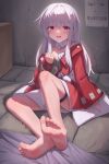  1girl absurdres bare_shoulders barefoot choker clara_(honkai:_star_rail) collarbone highres honkai:_star_rail honkai_(series) indoors jacket legs long_hair long_sleeves looking_at_viewer open_mouth pink_eyes red_jacket sitting soles solo taichi_suzuki thigh_strap toes white_choker white_hair 