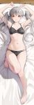  1girl absurdres armpits arms_up barefoot bed_sheet black_bra black_panties blush bra breasts brown_eyes commentary_request commission dakimakura_(medium) feet full_body gibun_(sozoshu) grey_hair highres long_hair looking_at_viewer lying monogatari_(series) navel oikura_sodachi on_back panties parted_lips pillow pixiv_commission small_breasts solo toes twintails underwear underwear_only very_long_hair 
