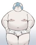  2023 anthro belly big_belly bina_(sv_grart) blue_hair blush canid canine canis clothing domestic_dog hair hi_res kemono male mammal moobs navel nipples overweight overweight_male simple_background solo sv_grart underwear 